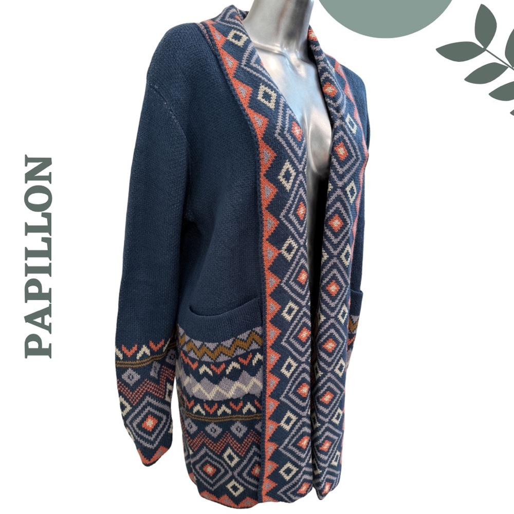 Papillon Blue Aztec Knit Cardigan Long Open Sweater Large - Picture 4 of 7